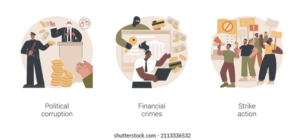 Scandal news abstract concept vector illustration set. Political corruption, financial crimes, strike action, labor union stop working, bribery and tax offense, investment scam abstract metaphor.