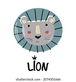 Scandi animal cute lion face on white background for greeting card, logo, design childish room in Scandinavian style