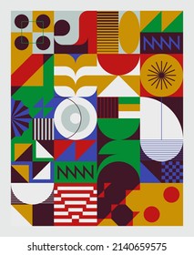 Scandi Art collage graphics pattern made with vector abstract forms and generative geometric shapes, useful for web background, poster art design, magazine front page, wall print, cover artwork.