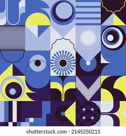 Scandi Art collage graphics pattern made with vector abstract forms and generative geometric shapes, useful for web background, poster art design, magazine front page, wall print, cover artwork.