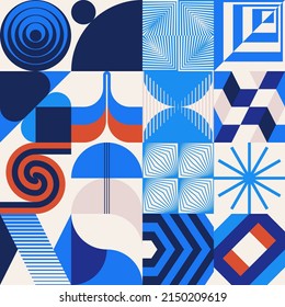 Scandi Art collage graphics pattern made with vector abstract forms and generative geometric shapes, useful for web background, poster art design, magazine front page, wall print, cover artwork.