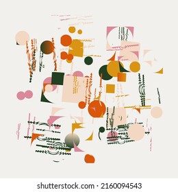 Scandi Art collage graphics pattern made with vector abstract forms and generative geometric shapes, useful for web background, poster art design, magazine front page, wall print, cover artwork.