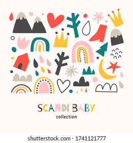 Scandi baby collection, scandinavian abstract shapes set, doodle hand drawn illustrations of rainbow, mountain, isolated vector illustration, cute scribble drawing, minimalist nordic design