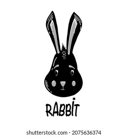 Scandi black and white animal rabbit face on white background for greeting card, logo, design childish room in Scandinavian style