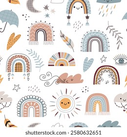 Scandi boho elements. Cute gentle colors rainbows, clouds and sun, baby weather icons, repeated kids background, vector seamless pattern