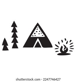 Scandi campsite block print vector. Tent graphic for outdoor camping travel. 