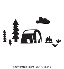 Scandi campsite block print vector. Tent graphic for outdoor camping travel. 