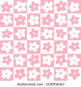 Scandi Checkered Sweet Daisies Floral Flower Bold Modern Cut Out Hand Drawn Seamless Vector Repeat Pattern