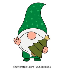 Scandi Christmas gnomes. Drawn vector illustration of a cute funny gnomes with Christmas toys. Cartoon cute gnome for invitations and baby cards. svg