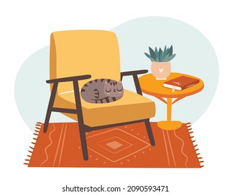 Scandi cozy interior. Room interior concept with chair, book, plant, carpet and sleeping cat. Scandinavian cozy interior vector illustration.