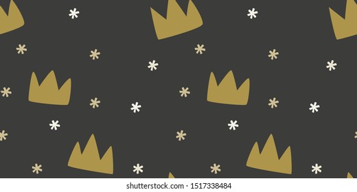Scandi crown seamless pattern for nursery wallpaper with simple symbols and shapes. Minimalist dark chalkboard grey and golden repeat textile design. Fabric, scandinavian art print.