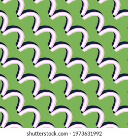 Scandi doodle seamless pattern with diagonal 3d abstract ornament shapes. Green bright background. Perfect for fabric design, textile print, wrapping, cover. Vector illustration.