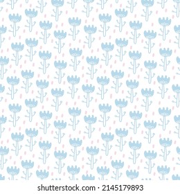 Scandi doodle style flowers. hand drawing  blue seamless floral pattern. Scandinavian folk style. For fabric, cards, wallpaper, home decor.