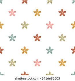 Scandi floral design. Cute retro flowers seamless vector pattern. Vintage hand drawn background for kids room decor, nursery art, gift, fabric, textile, wrapping paper, wallpaper, packaging, apparel.