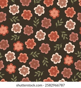 Scandi floral seamless pattern. Flowery surface design of Scandinavian flowers and leaves. Allover print flowers on cola color background. 