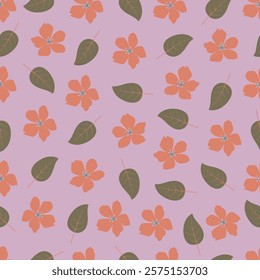 Scandi floral seamless pattern. Scandinavian flowers and leaves. Flowery surface design featuring allover print pink flowers on lavender color background. 