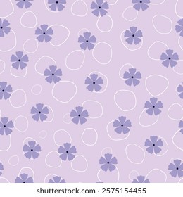 Scandi floral seamless pattern. Scandinavian flowers and rounded line arts. Flowery surface design featuring allover print blue flowers on light lavender color background.