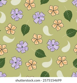 Scandi floral seamless pattern. Scandinavian flowers and poplar leaves. Flowery surface design featuring allover print flowers on olive green color background. 