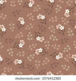 Scandi floral seamless pattern. Scandinavian flowers and branchlets. Flowery surface design featuring allover print flowers on coffee mocha brown color background. 