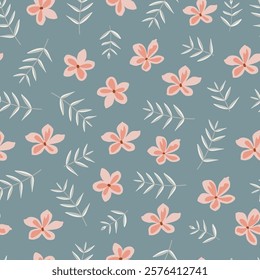 Scandi floral seamless pattern. Scandinavian flowers and branchlets. Flowery surface design featuring allover print flowers on blue color background. 