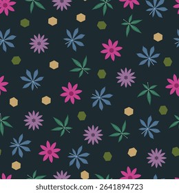 Scandi flowers, cassava and chestnut leaves. Floral seamless surface pattern design. Allover print flowery texture of Scandinavian flowers, leaves and geometric shapes on dark green background