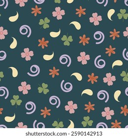 Scandi flowers and clover leaves floral seamless surface pattern of Scandinavian flowers and 3 leaf c shamrock leaves. Allover print flowery texture of on deep teal color background. 