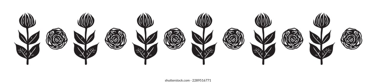 Skandinavier Garten Sprig Blumenbanner im Low-Brow-Stil. Quirky Natur-Pflanzengrenzen für handgezeichnete linocut-grafische Gestaltung. 