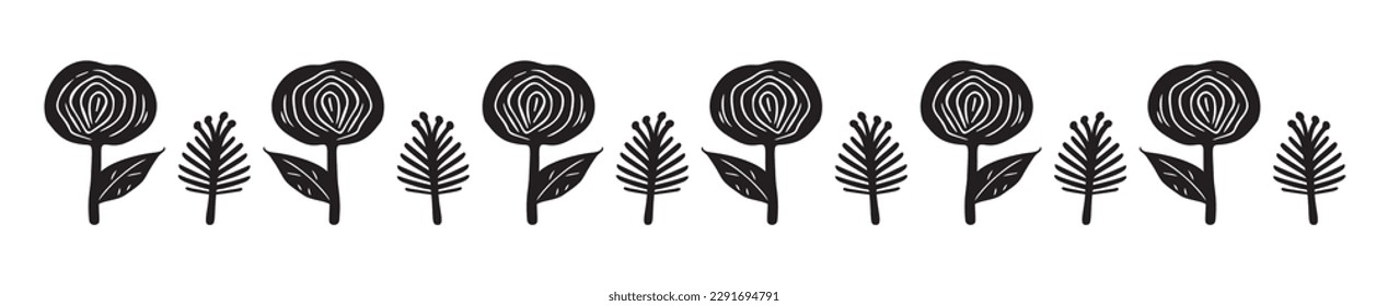 Scandi garden sprig floral banner in low brow style. Quirky nature plant borders for hand drawn linocut graphic design. 