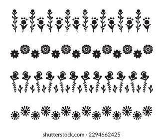 Scandi garden sprig floral banner in low brow style. Quirky nature plant borders for hand drawn linocut graphic design. 