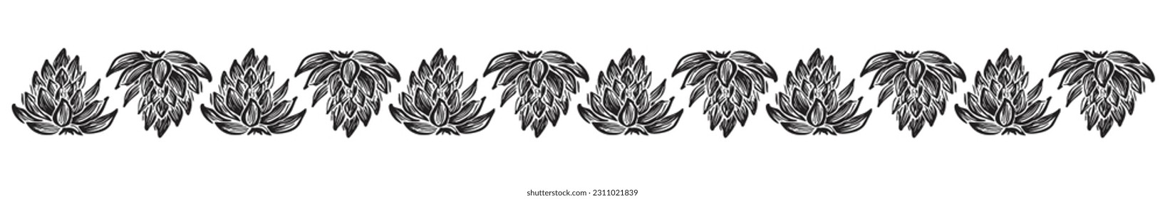 Scandi garden sprig floral banner in low brow style. Quirky nature plant borders for hand drawn linocut graphic design. 