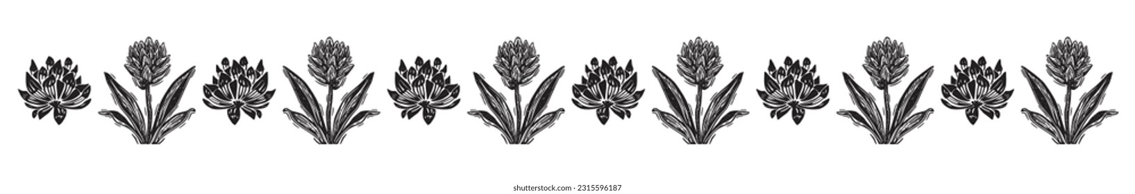 Scandi garden sprig floral banner in low brow style. Quirky nature plant borders for hand drawn linocut graphic design. 