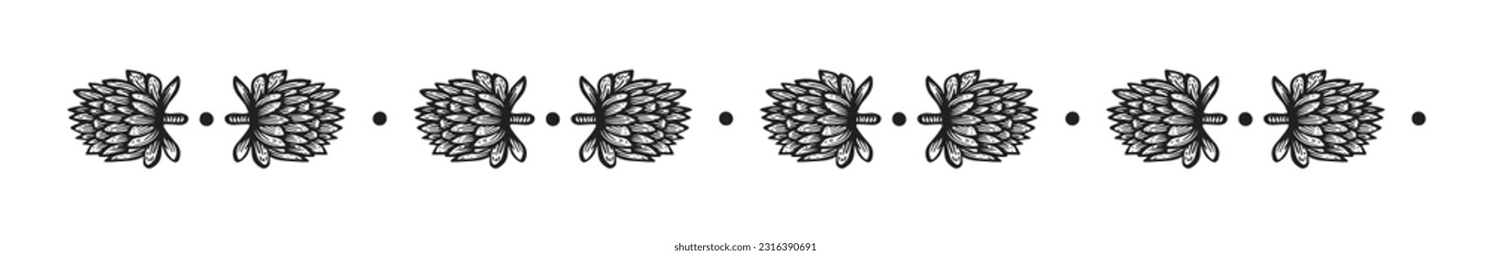 Scandi garden sprig floral banner in low brow style. Quirky nature plant borders for hand drawn linocut graphic design. 