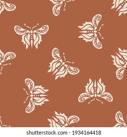 Scandi gender neutral butterfly seamless pattern. Elegant boho garden insect all over print. Calm two tone bug for Scandinanvian home decor tile. Sweet summer wildlife filigree. 