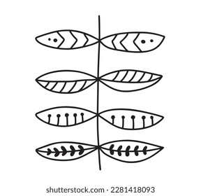 Scandi line ethno logo tree branch with leaves modern abstract doodle boho ornament pattern. Abstract trendy line art print. Fashionable vector template for your design.