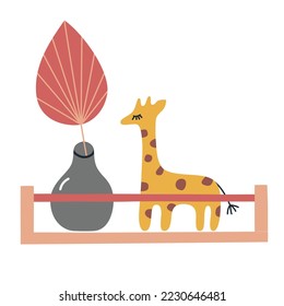 Scandi nursery shelves, wall shelf icon, vector illustration of storage for children books and toys, doodle giraffe toy, boho playroom decor, isolated colored clipart on white background 