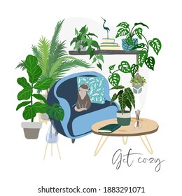 Scandi room interior with plants and blue chair, hand drawn vector flat illustration