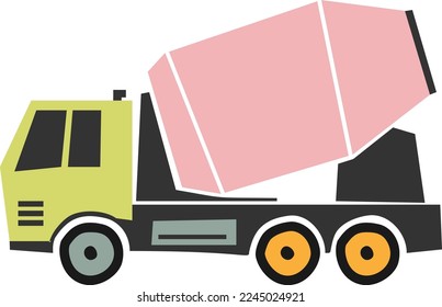scandi style construction machinery vector illustration for children, concrete mixer truck isolated on white background