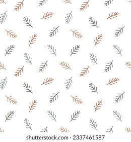 Scandi style design fir tree twigs seamless vector pattern. Cute hand drawn floral background for kids room decor, nursery art, apparel, packaging, wrapping paper, textile, fabric, wallpaper, gift.