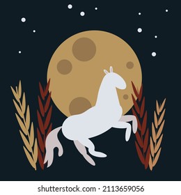 Scandi White horse at night, moon background, postcard