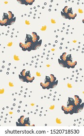 Scandi winter pattern in nordic folklore style with birds, spruce branches, flowers, snowflakes/ Great for stylish Christmas