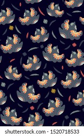 Scandi winter pattern in nordic folklore style with birds, spruce branches, flowers, snowflakes/ Great for stylish Christmas