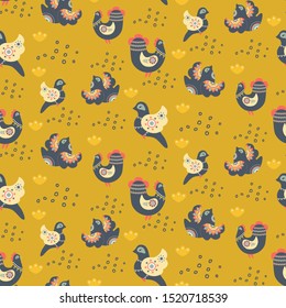 Scandi winter pattern in nordic folklore style with birds, spruce branches, flowers, snowflakes/ Great for stylish Christmas