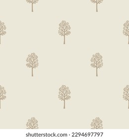 Scandi woodland tree lino cut icon seamless vector pattern. Whimsical forest hand drawn graphic backdrop. 