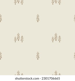 Scandi woodland tree lino cut icon seamless vector pattern. Whimsical forest hand drawn graphic backdrop. 