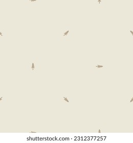 Scandi woodland tree lino cut icon seamless vector pattern. Whimsical forest hand drawn graphic backdrop. 