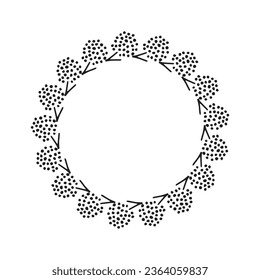 Scandi wreath in quirky vector style isolated on white background. Decorative frames for playful antique graphics. Monochrome ornate quirky illustration. 