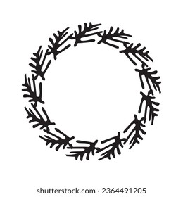 Scandi wreath in quirky vector style isolated on white background. Decorative frames for playful antique graphics. Monochrome ornate quirky illustration. 