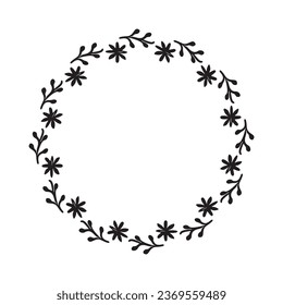 Scandi wreath in quirky vector style isolated on white background. Decorative frames for playful antique graphics. Monochrome ornate quirky illustration. 