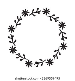 Scandi wreath in quirky vector style isolated on white background. Decorative frames for playful antique graphics. Monochrome ornate quirky illustration. 