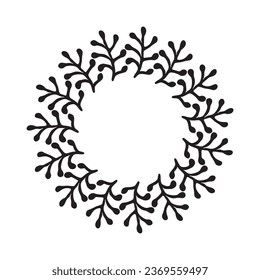 Scandi wreath in quirky vector style isolated on white background. Decorative frames for playful antique graphics. Monochrome ornate quirky illustration. 